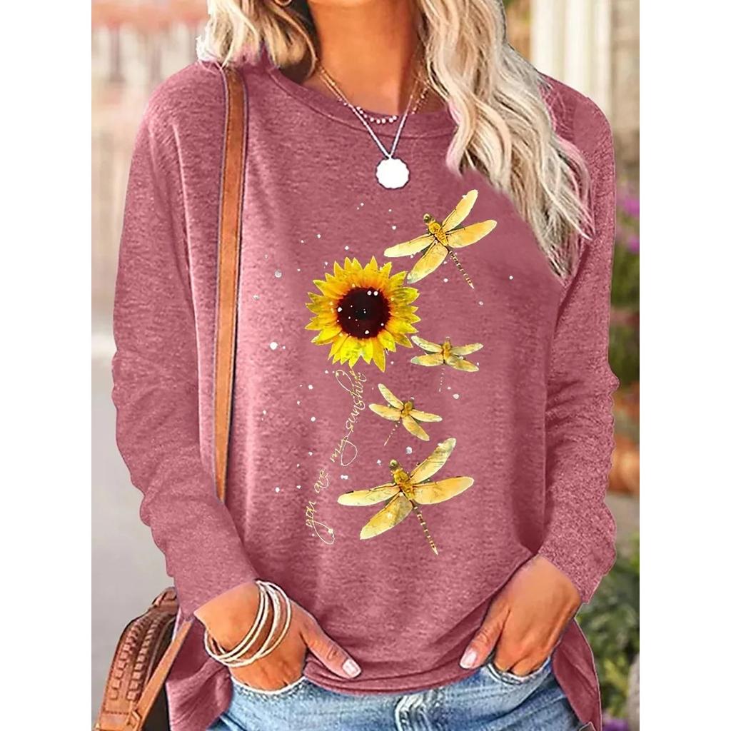 Round Neck 3D Printed Sunflower Pattern Top Fashionable Casual Long Sleeved Women's T-shirts