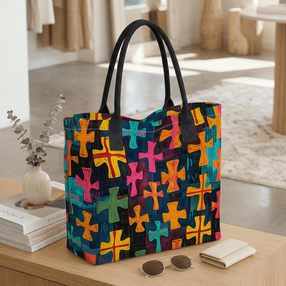  Colorful Cross Print Tote Bag Large Capacity Casual Shoulder Bag for Daily Use