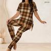 Women Plus Size Two Piece Set Round Neck Short Sleeve Side Split Printed Top Fitted Pants