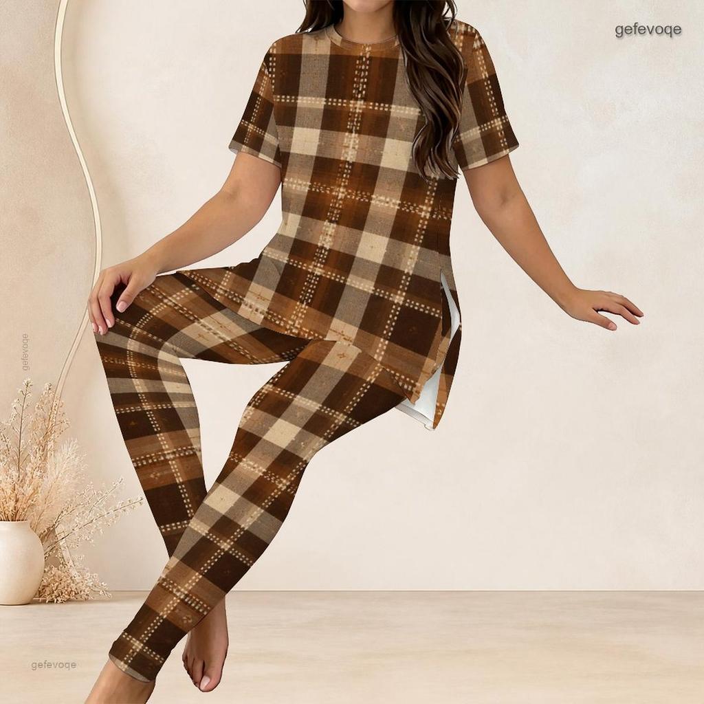 Women Plus Size Two Piece Set Round Neck Short Sleeve Side Split Printed Top Fitted Pants