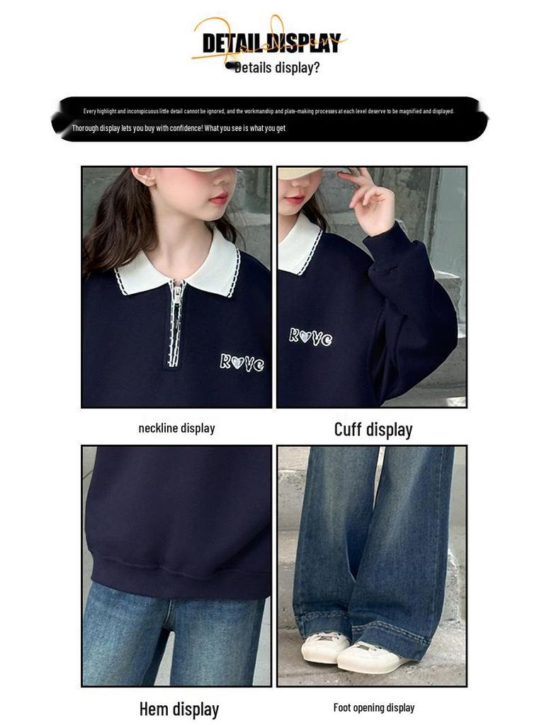 Autumn 2025 Girls' Sporty Polo and Jeans Two-Piece Set