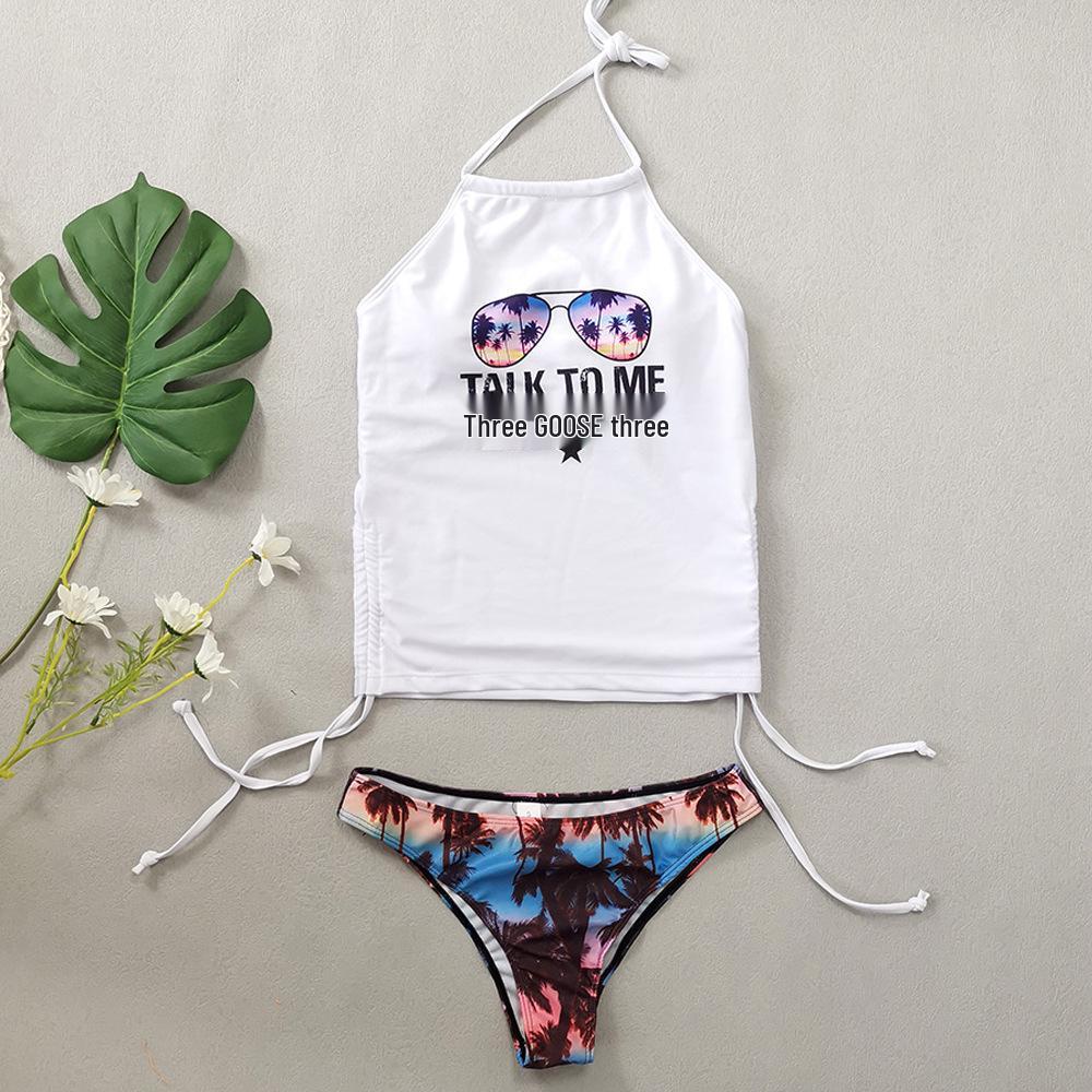 23-Year Coconut Tree Print Halter Neck Tie-Up Tummy Control Plus Size Women's Bikini