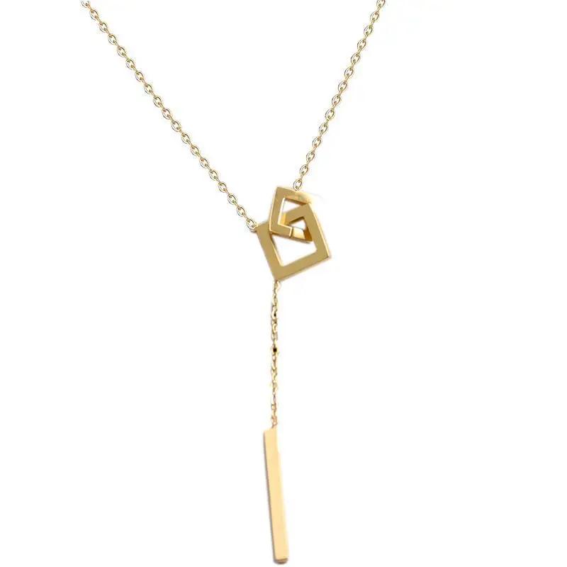 Personality Design Gold Color Stainless Steel Geometric Square Cross Long Pendant Necklace for Women Charm Collar Jewelry Gift
