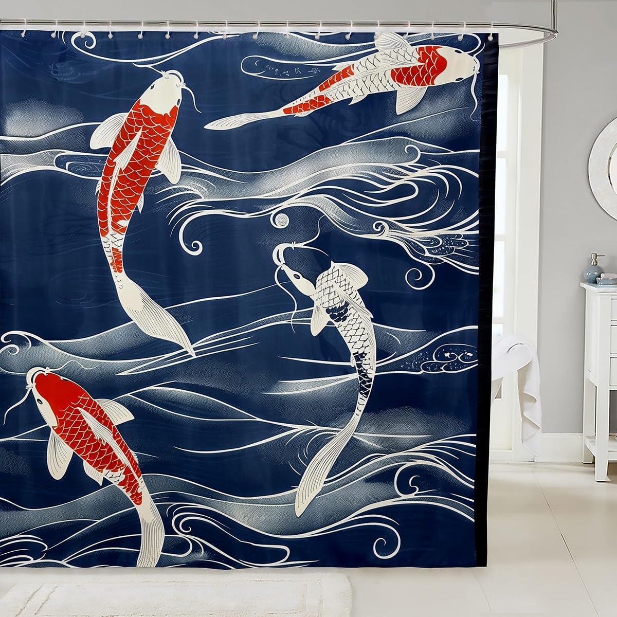

Kids Koi Fish Shower Curtain Boys Girls Japanese Wave Bathroom Shower Curtain Set Japanese Style Bath Curtain Fish Pattern W60H190(CM)-1 Pcs