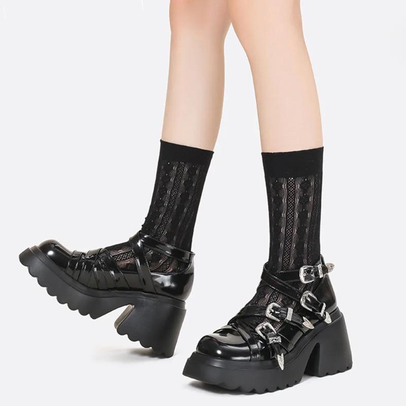 2025 Punk Women's Chunky Heels Shoes Fashion Black Gothic Buckle Belt Straps Platform Casual Pumps