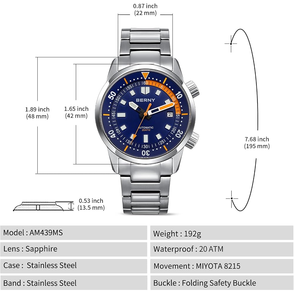 Berny Men's Diver Watch Automatic 20ATM Waterproof Sapphire Glass Super Luminous