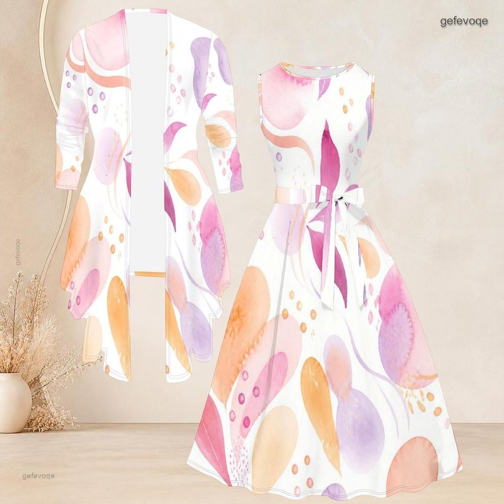 Women Plus Size Printed Two Piece Set Sleeveless Tie Waist Flared Dress 3 4 Sleeve Open Cardigan