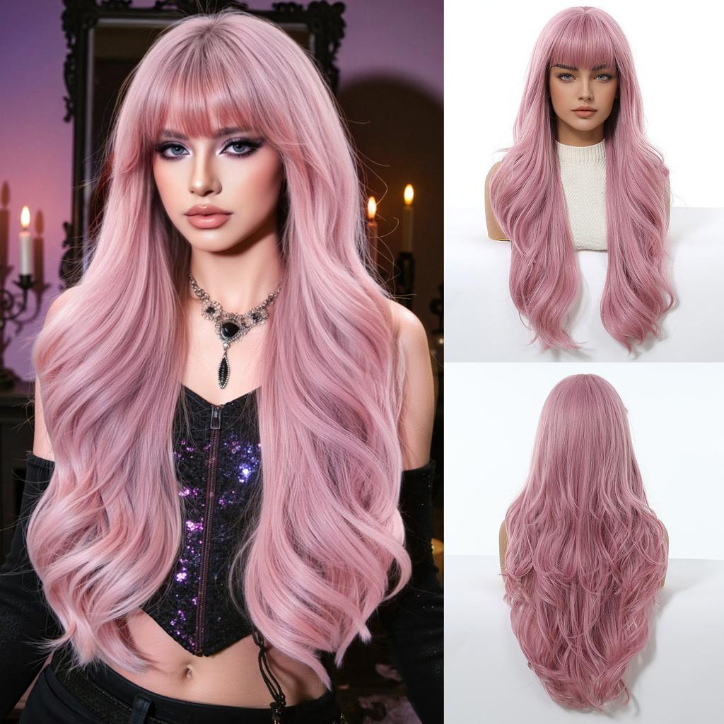 Long Curly Green Wave Synthetic Wigs with Bangs for Women Christmas Grass Green Cosplay Wigs Daily Natural Hair Heat Resistant