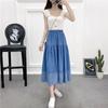 Spring and Summer New Artistic Sweet Elastic High Waist Stitching Blue Mid Length Long Length A- Line Denim Skirt Skirt Women