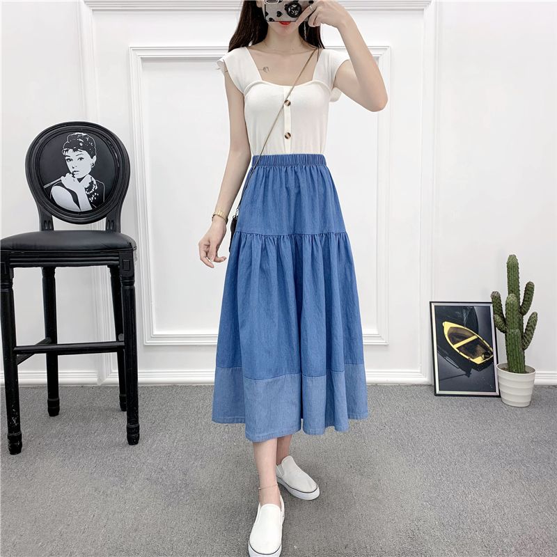 Spring and Summer New Artistic Sweet Elastic High Waist Stitching Blue Mid Length Long Length A- Line Denim Skirt Skirt Women