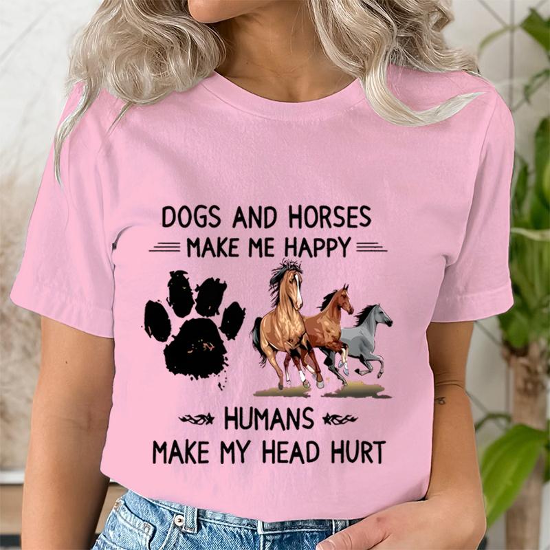 Dog Paw Wild Horses Graphics T Shirt Women Short Sleeve Shirt Dogs and Horses Make Me Happy Print Clothes Summer Female Tshirt