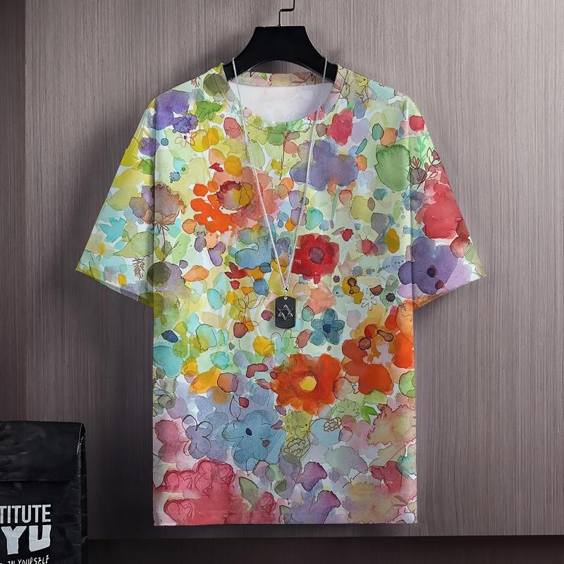 Colorful Flowers Clusters 3D Print T Shirt For Men Grass Plant Pattern Tees Summer Casual Short Sleeve Tops Round Neck T-Shirts