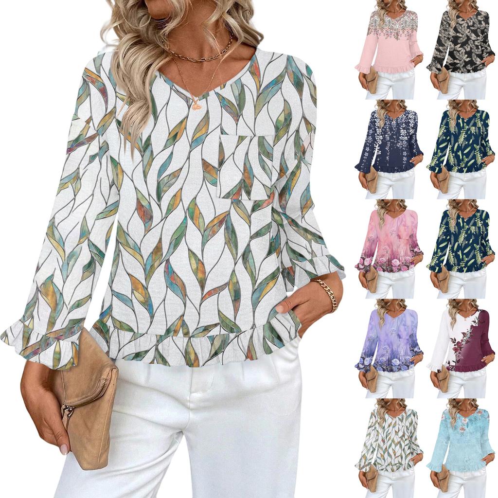 Dámský ležérní módní top s volánky, výstřihem do V, potiskem a dlouhým rukávem