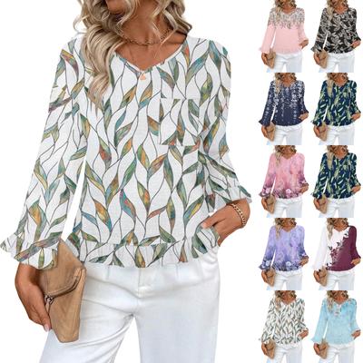 Women's Casual Fashion Ruffle V-Neck Pocket Print Long Sleeve Top