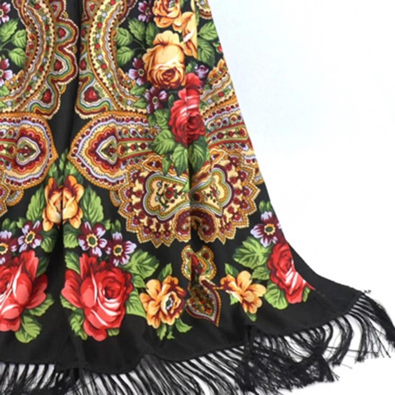 Flower Print Black Tassel Scarf Vintage Windproof Shawl Women Outdoor Windproof Head Wrap Boho Hijab Turban 170*65Cm
