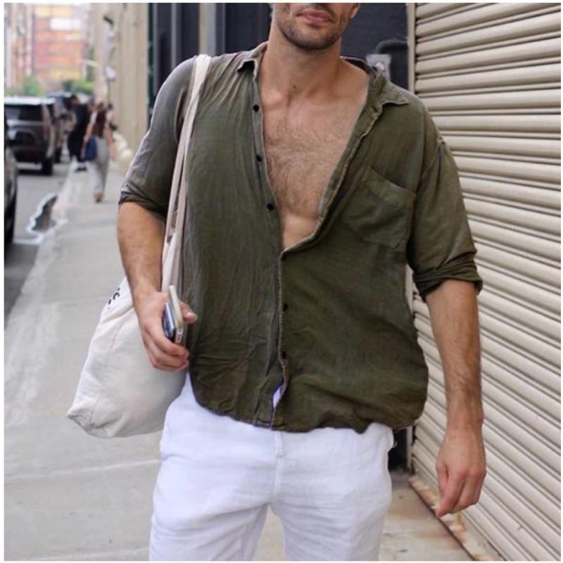 Men's Collar Pocket Cotton Linen Shirt Casual Shirts
