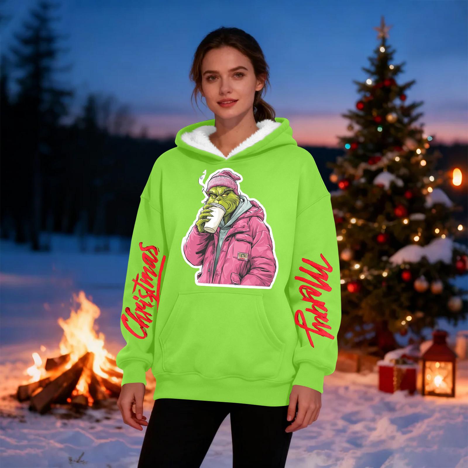 

Women s Casual Fashion Plus Velvet Thickened Christmas Print Hooded Sweatshirt XXL зелений