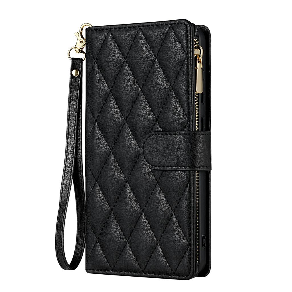For Samsung Galaxy S26+ Case Rhombus Stitching Leather Wallet Phone Cover with Long / Short Strap