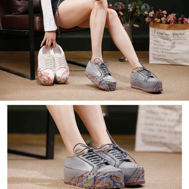 Johnature Ręcznie malowane Sznurowane Okrągły nosek Gruba podeszwa Modne Wszechstronne Zwiększające wzrost Buty damskie