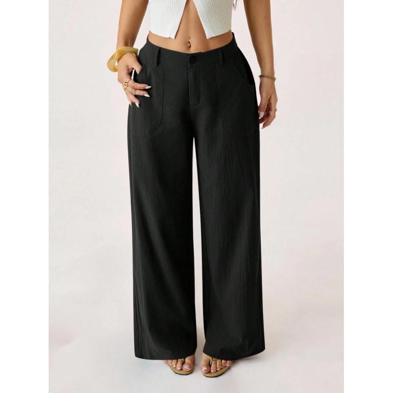 Womens Solid Cotton Linen Wide Leg Pants Casual Loose Fit Trousers With Pockets