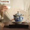 HOYIHM 161ml Rretro Old Pottery Clay Gaiwan Vintage Blue And White Landscape Poetry Tea Tureen Tea Making Cover Bowl Tea Gifts