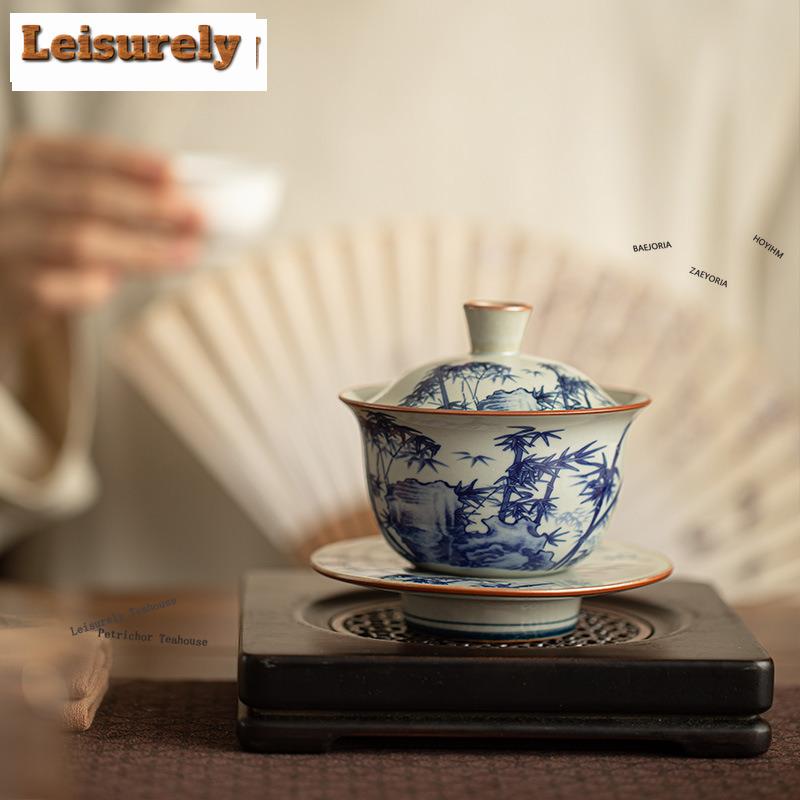 HOYIHM 161ml Rretro Old Pottery Clay Gaiwan Vintage Blue And White Landscape Poetry Tea Tureen Tea Making Cover Bowl Tea Gifts
