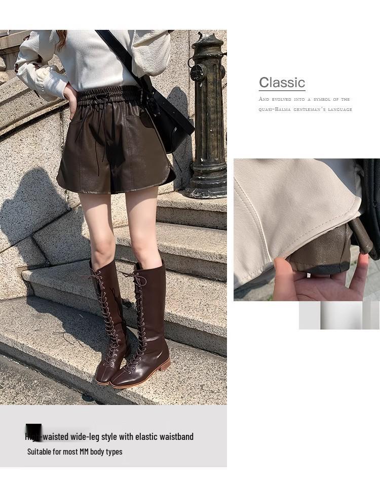 Autumn 2024 Women's High-Waist PU Leather Wide-Leg Shorts - Casual A-Line Style