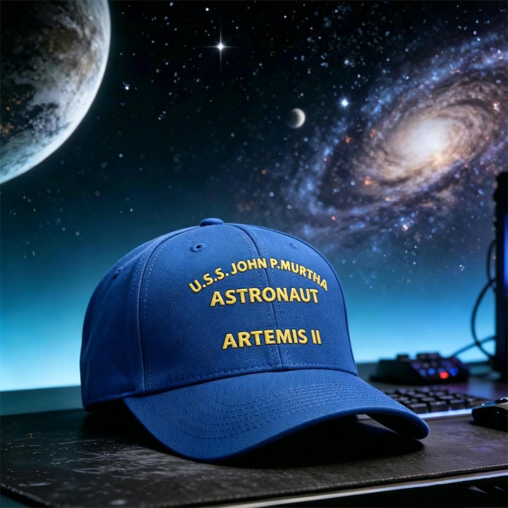 Unisex Embroidered Flat Brim Cap with U S S John P Murtha Astronaut Artemis II Text Adjustable Snapback Hat for Daily Wear