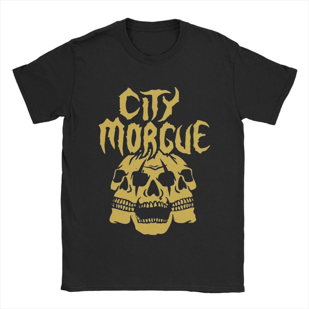 Three Head Skull City Morgue T Shirts Men's Cotton Awesome T-Shirt Crewneck Tees Short Sleeve Clothing Summer