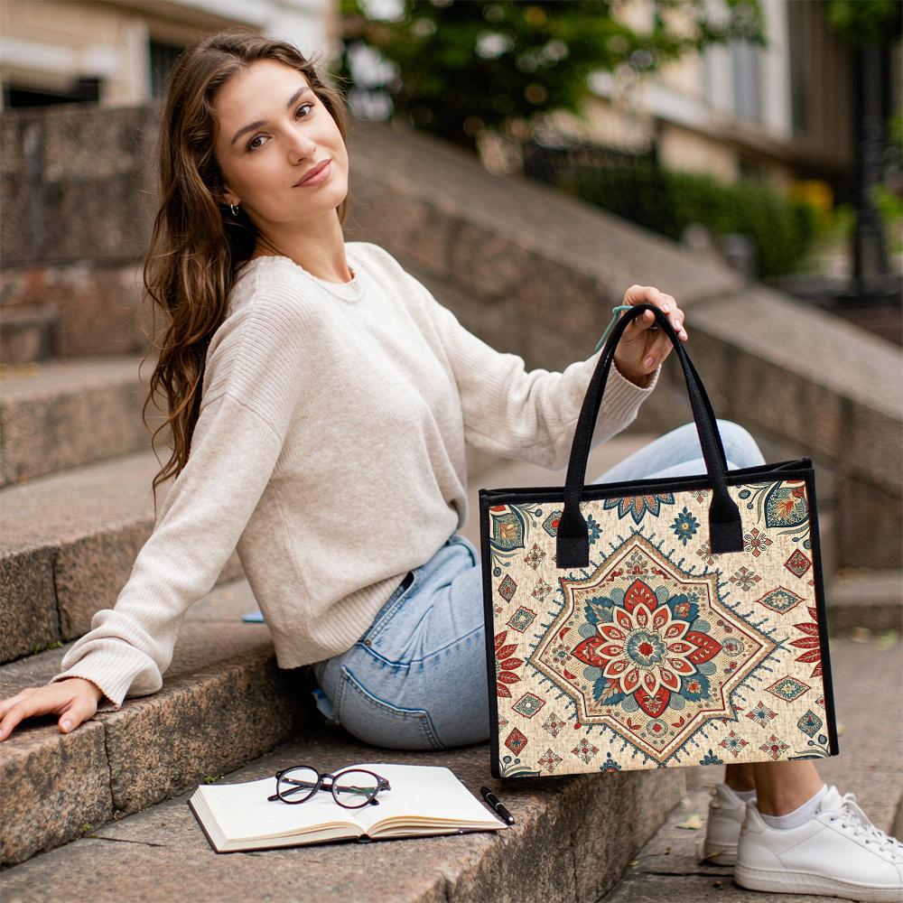 Bohemian Mandala Pattern Tote Bag Vintage Ethnic Shoulder Bag Large Capacity Daily Use Handbag for Shopping Travel