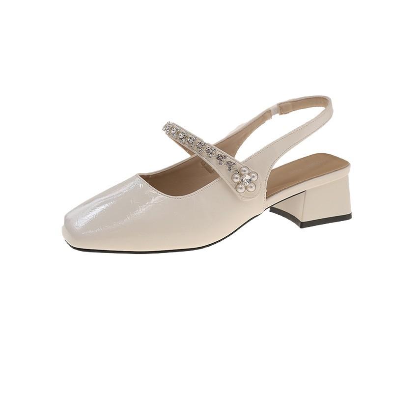 French Rhinestone Rear Empty Mary Jane Shoes Women's 2025 Summer New Versatile Thick Heel High Heels Retro Buckle Sandals