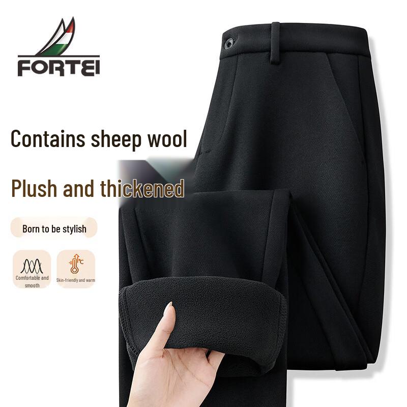 Men s Warm Wool Blend Fleece-Lined Straight Casual Pants 36