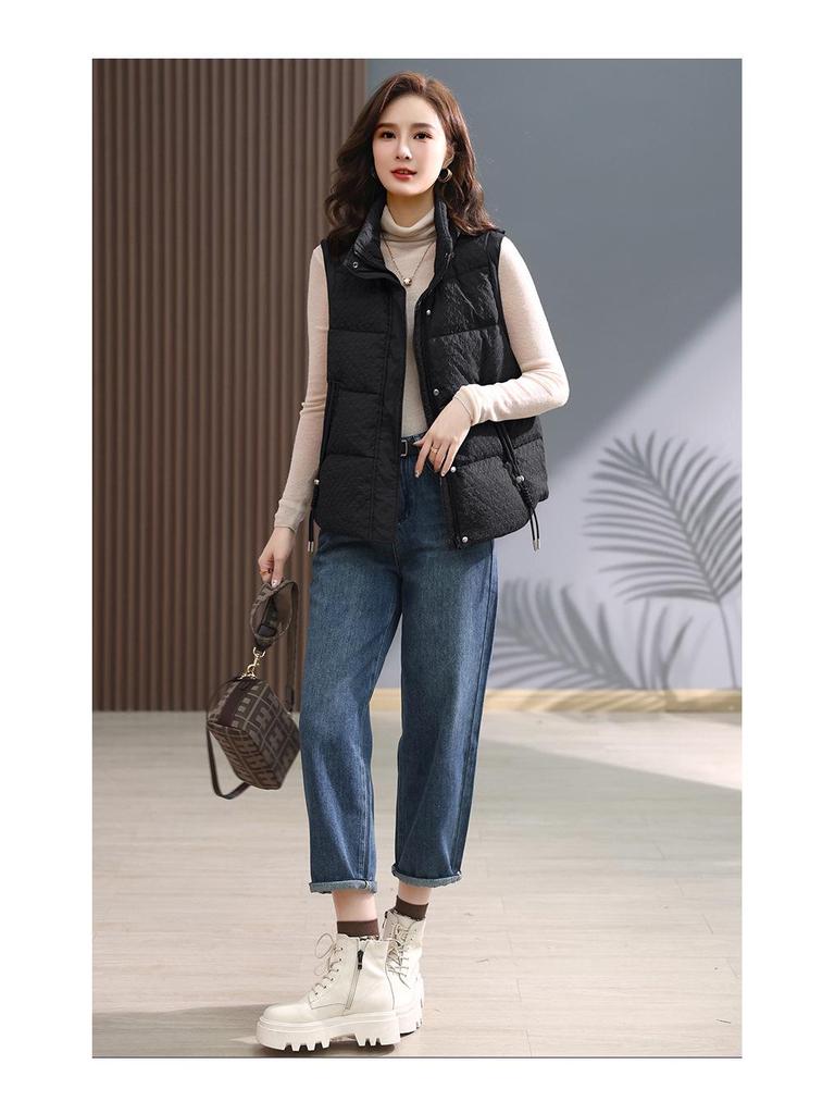 Women's 2024 Stand Collar Windproof Down Vest - New Chinese Style, Warm, Loose Fit for Autumn/Winter