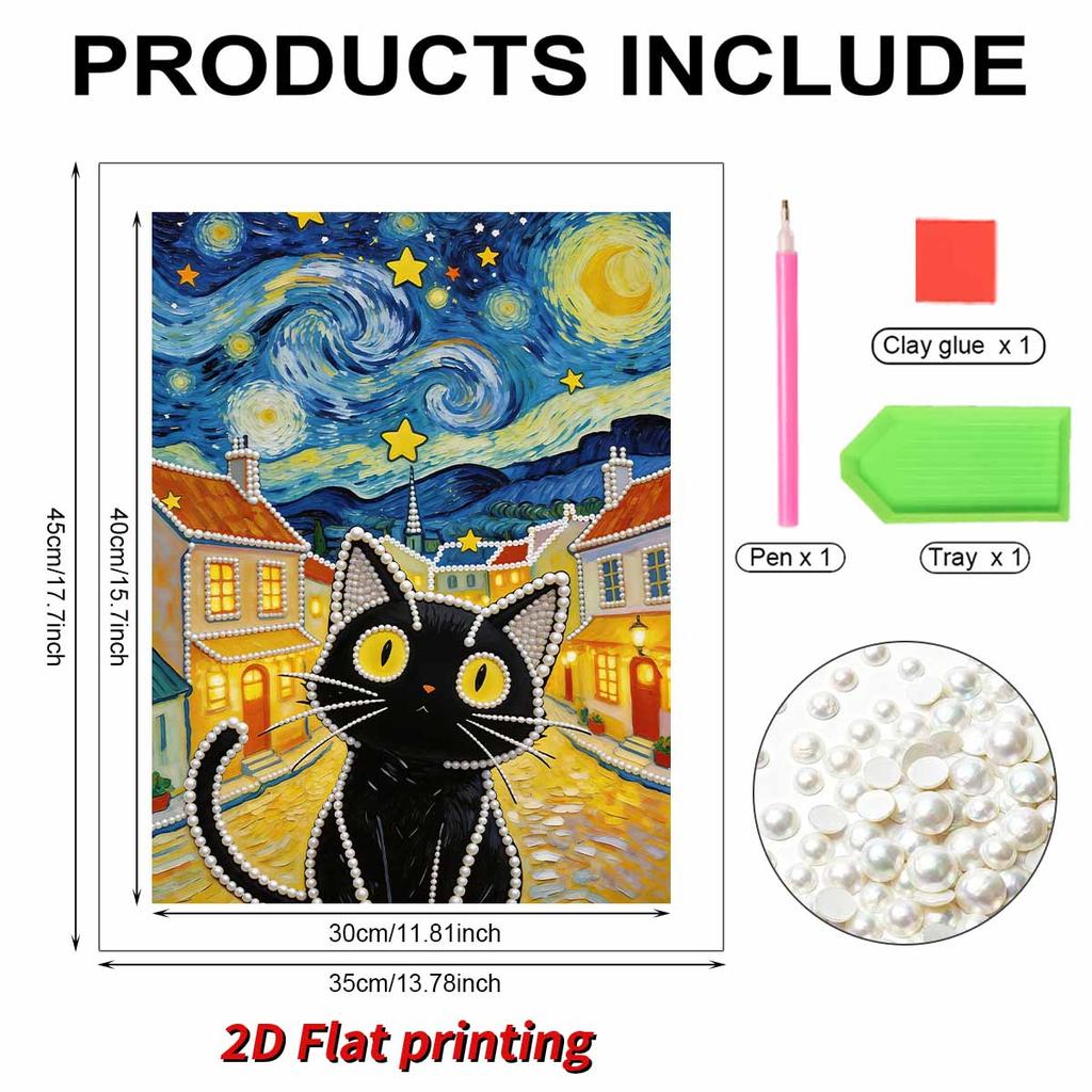 DIY Starry Night Cat Pearl Art Painting for Adults/Beginners Gift Home Decor Pearl Gem Paintings Picture Arts Craft 30x40cm Without Frame