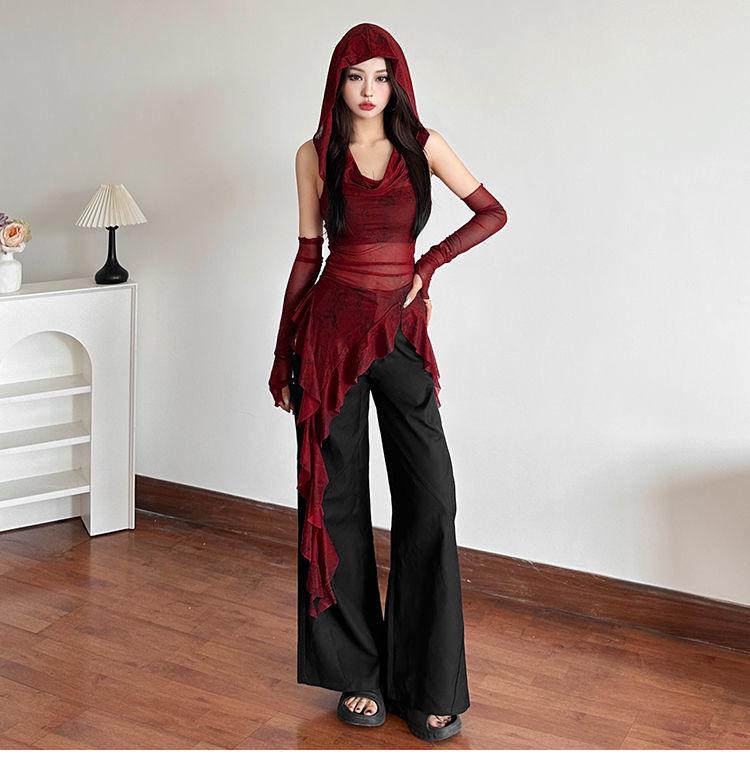 2025 Halloween Red Cowl Neck Hooded Ruffle T-shirt for Women