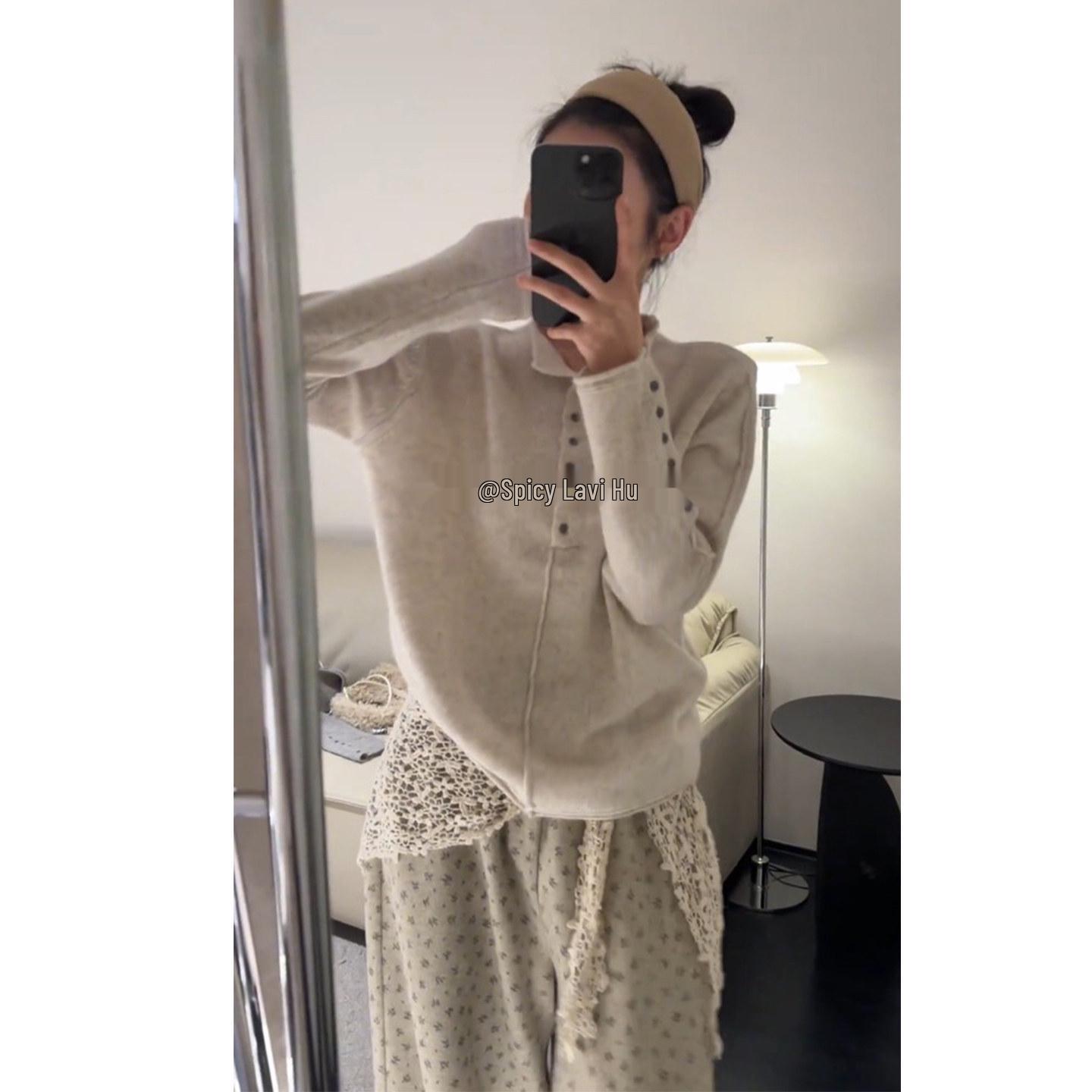 

Winter Slimming Solid Color Long Sleeve Top & Floral High Waist Wide Leg Pants Set L (105-115 lbs)