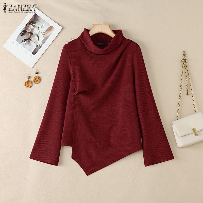ZANZEA Women Casual Turtleneck Long Sleeve Irregular Hem Blouse
