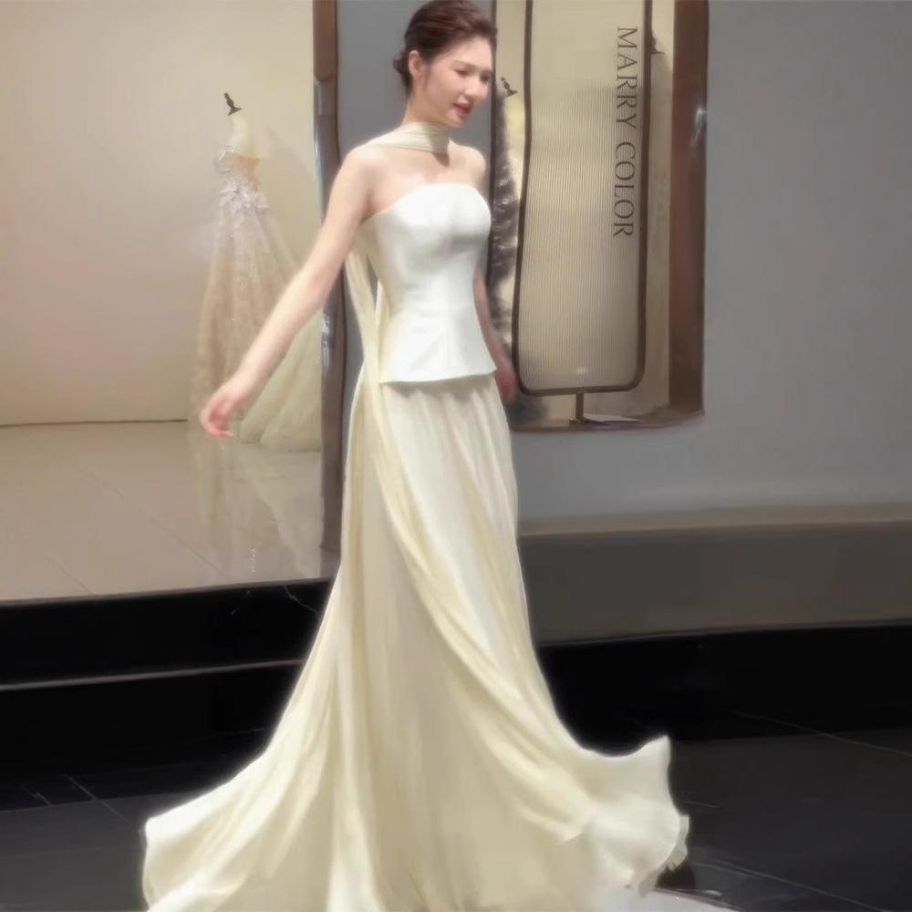 French tube top bridal engagement dress 1011 new sleeveless Mori simple satin dress travel photo light wedding dress