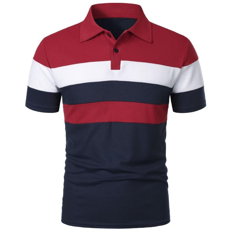 8XL Men's Short Sleeve Polos Shirts Buttons Three Stripes Color Blocking Top Fashion Men Lapel Polo Shirt