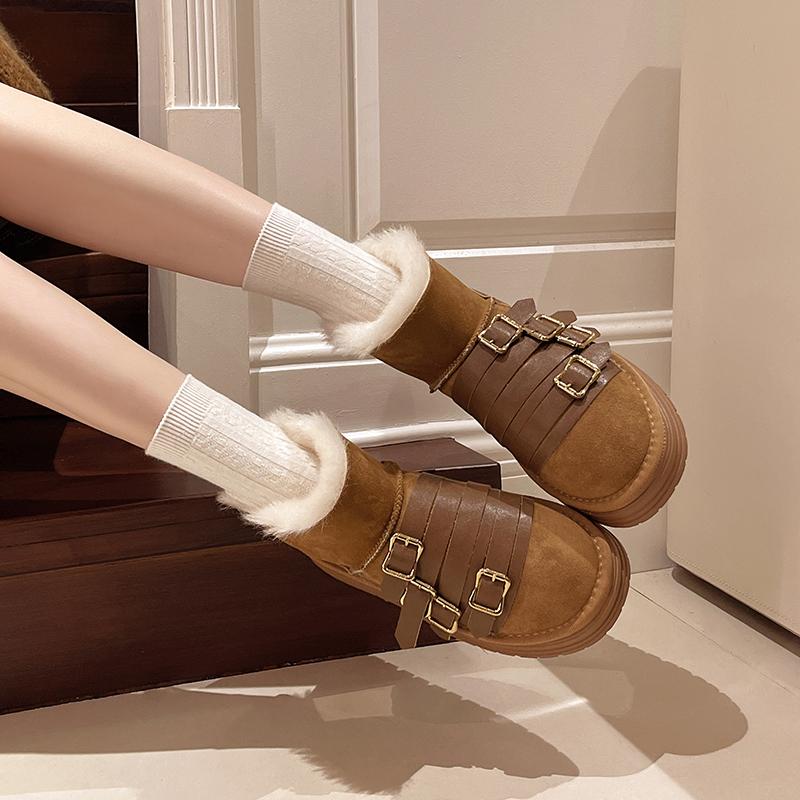 Belt Buckle Platform Snow Boots Winter New Round Toe Suede Plus Wool Warm Non-slip Wear-resistant Cotton Shoes
