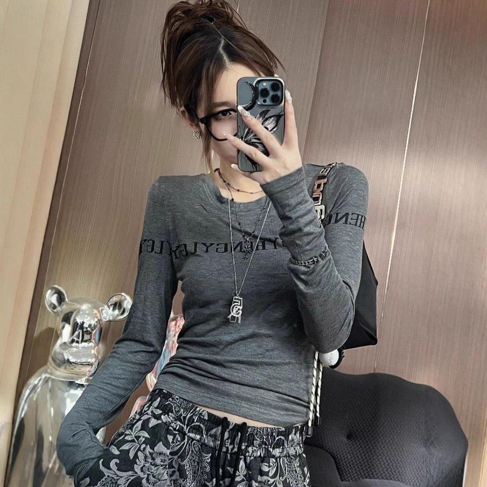 Plus Size Slim Fit Spicy Girl Letter Print Long Sleeve Top for Autumn 2025 - Flattering Base Layer T-shirt Ins Trend