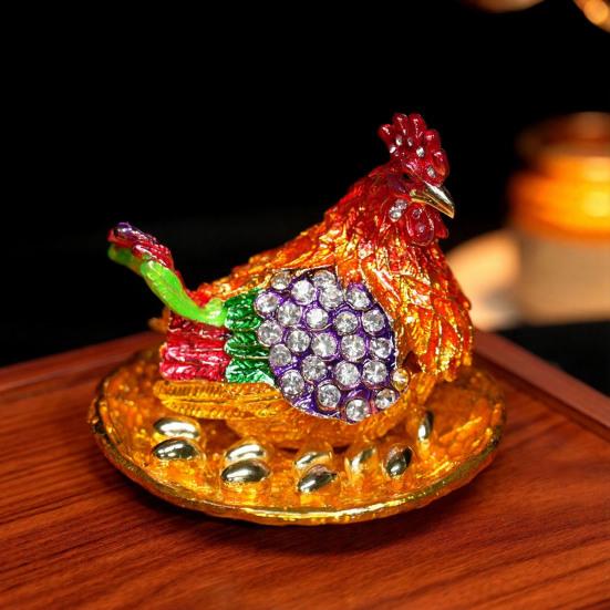 Rhinestone Chick Figurine Metal Simulated Hen Key Trinkets Jewelry Box Container Holder Home Office Desktop Decoration Ornament
