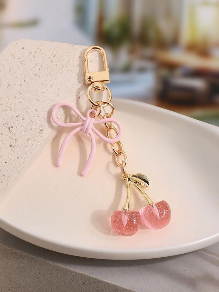 Fashionable Cute Pink Cherry Bow Exquisite Metal Lovers Bag Pendant Accessory Bag Charm