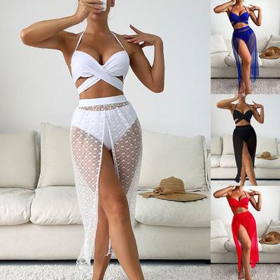 Europäischer und amerikanischer einfarbiger Bikini, sexy Netzrock, dreiteiliger Badeanzug, Damen-Bikini-Badeanzug
