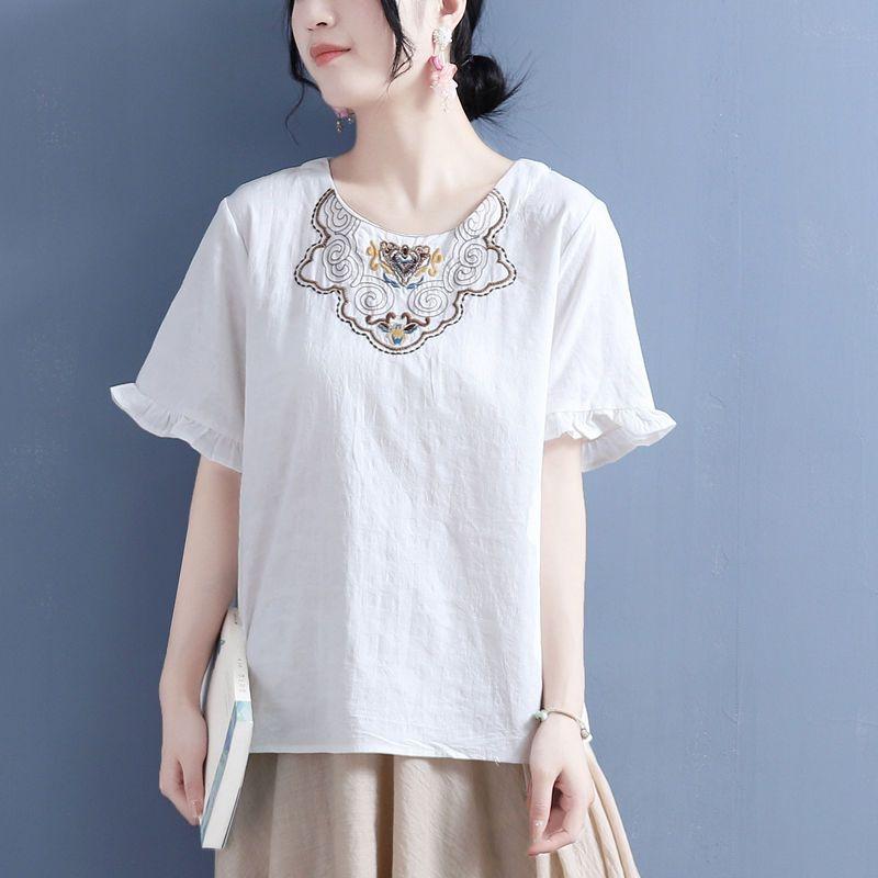 Summer Cotton and Linen Neckline Floral Embroidered Wood Earrings Short-sleeved T-shirt for Women Chinese Style Retro Loose Thin Top