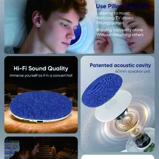Bluetooth 6.0 Pillow Speaker for Sleeping, Ultra-Thin Under Pillow Sound Machine with White Noise HiFi Stereo Audio
