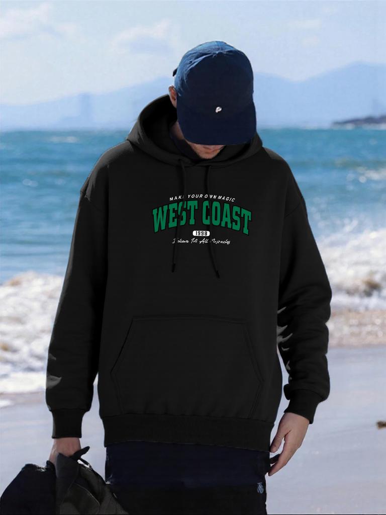 Westküsten Kunst Buchstabenmuster Herren Hoodie Bequem Herbst Streetwear Mehrfarbig Fleece Pullover Übergroße Tasche Kapuzenpullover