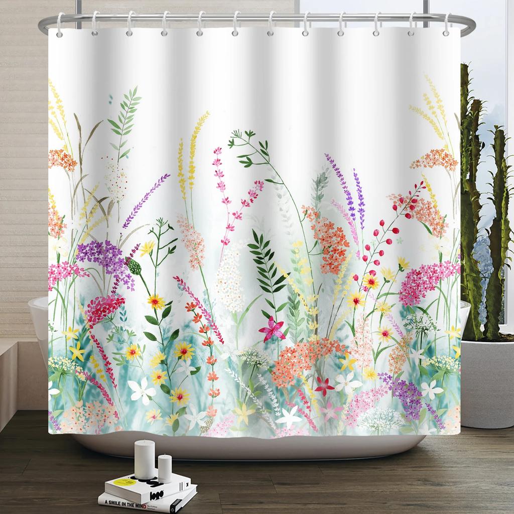 Watercolor Floral Shower Curtain for Bathroom Spring Elegant Flower Printed Bath Curtain Botanical Wildflower Bathroom Decor