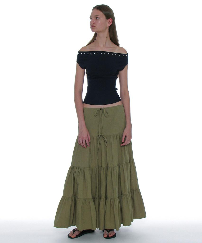 PARTIMENTO WOMEN Studded Off-Shoulder Knit Top_Navy