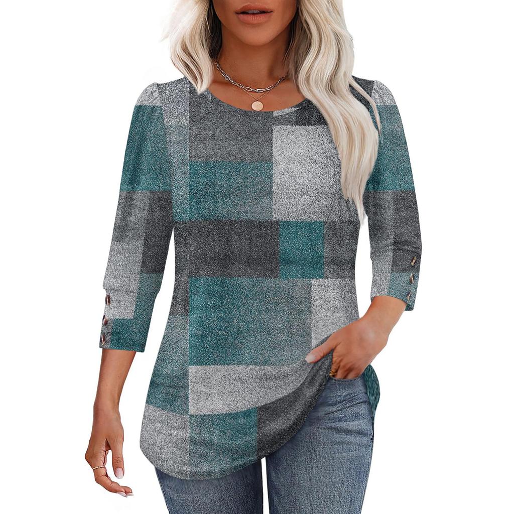 Women's Casual Loose Fit Top Three Quarter Sleeve Crew Neck Blouse Button Detail Lightweight Comfortable Fabric